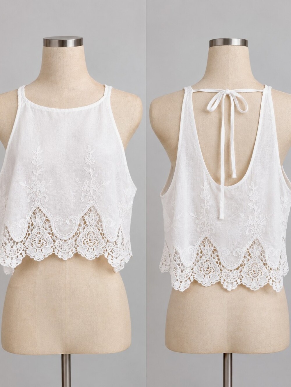 White Lace Trim Tie-Back Cropped Tank Top